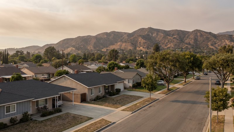 A flat Burbank street of single-story postwar houses with shallow-pitch roofs