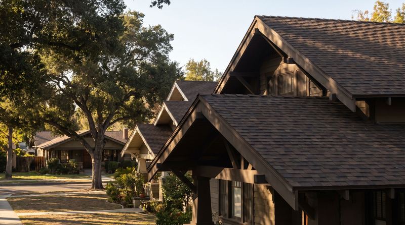 A Pasadena street of historic Craftsman bungalows with deep overhanging eaves