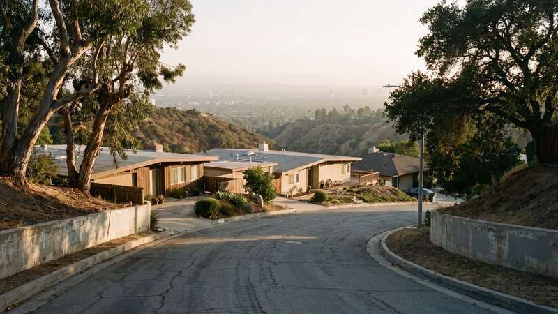 A winding Sherman Oaks hillside street of low mid-century houses above a canyon