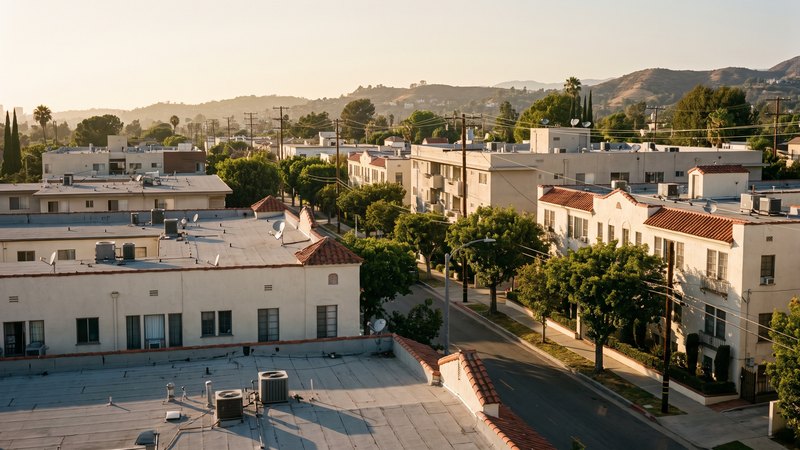 Flat-roofed 1930s and 1950s stucco apartment buildings on a West Hollywood street