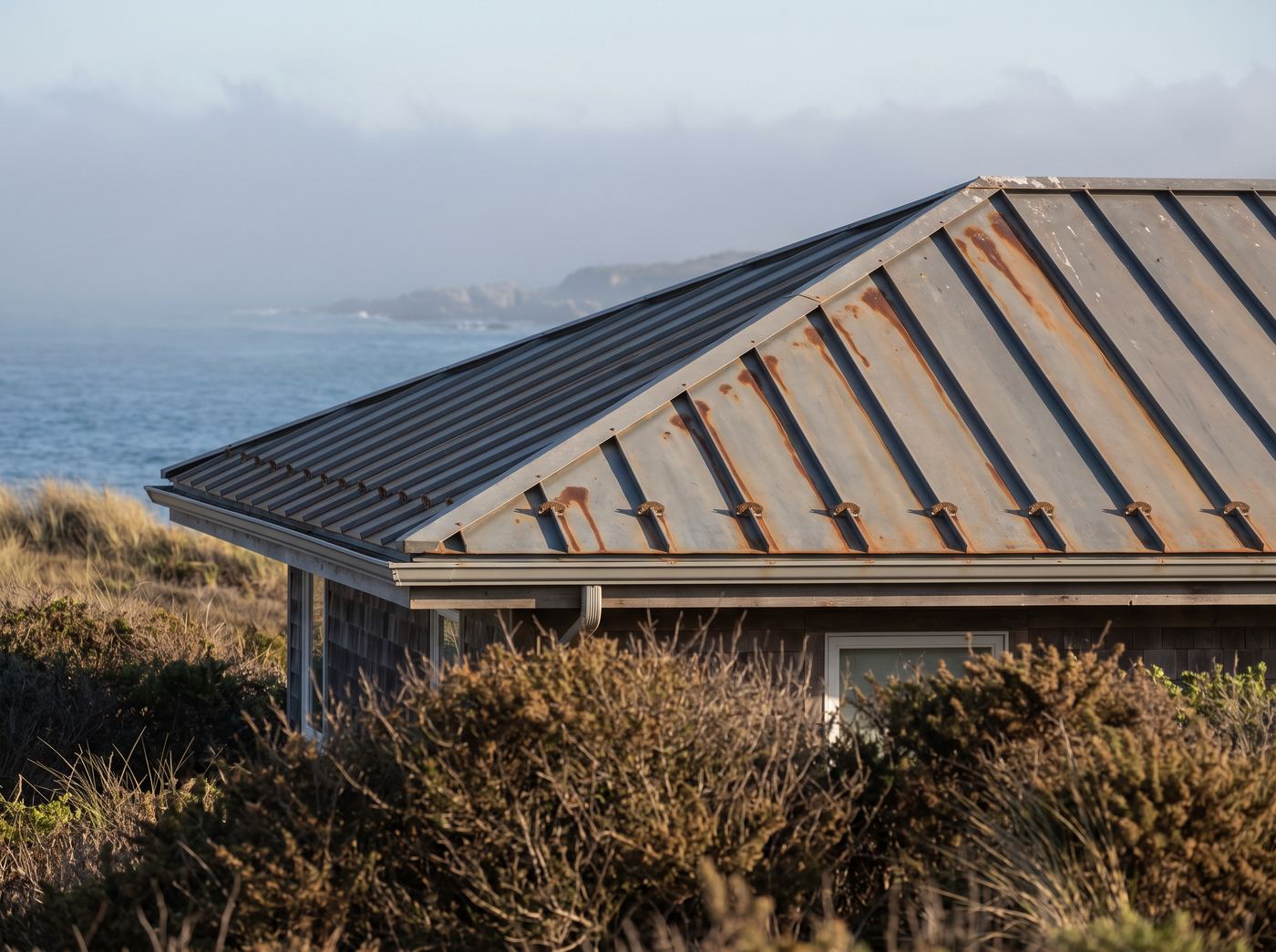Standing seam metal roofing with salt corrosion staining at the fasteners