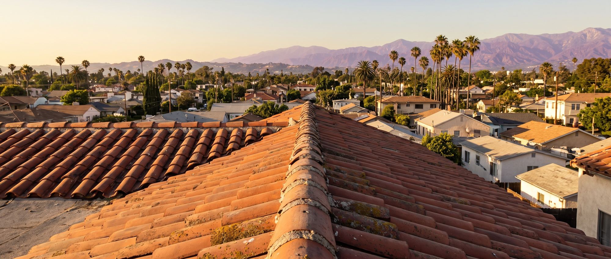 Looking along a Los Angeles tile roof toward the ridge, mountains beyond